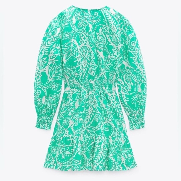 NWOT Zara Linen Blend Tropical Print Ruffled Dress Green 3/4 Sleeve Size M - Picture 8 of 13